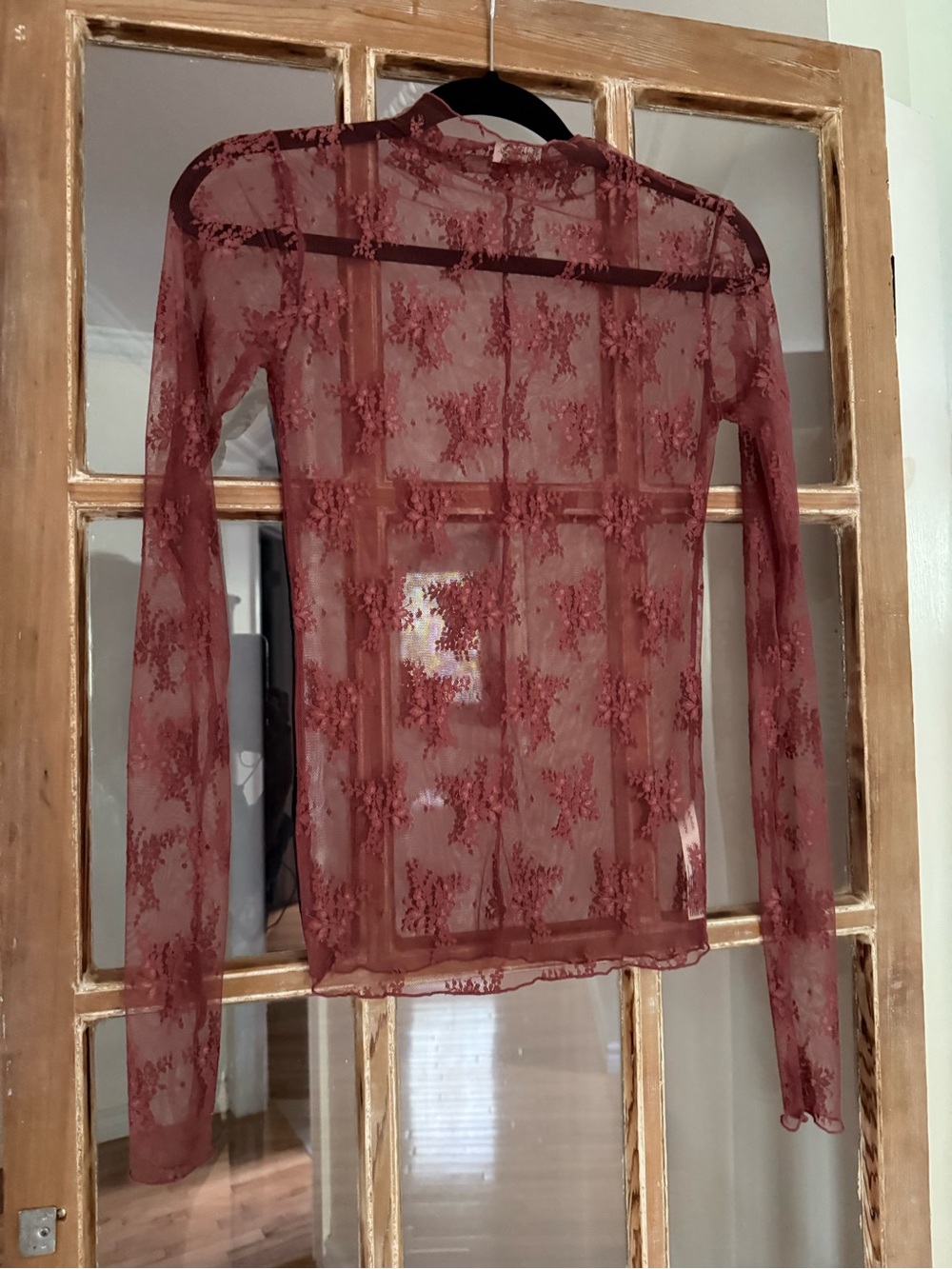 Free People Sheer Long-Sleeve Lace Floral Top — Wine Red